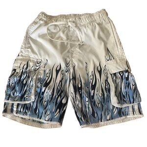 SB Blue Flame Board Swim Trunks Y2K Surf Skate Cargo Pocket Drawstring Medium